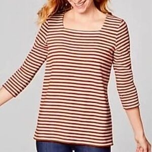 J. Jill Henna Brown & Cream Striped 100% Cotton Square Neck 3/4 Sleeve Top